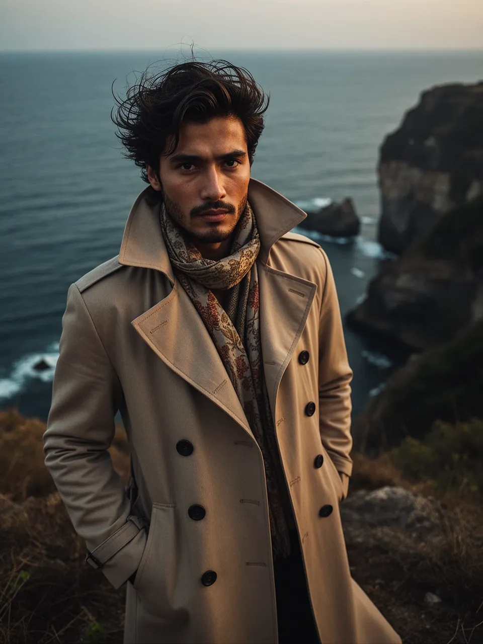 Portrait of an Indonesian man in his thirties wearing a trench coat in a seaside cliff, moody low key lighting, editorial magazine photography