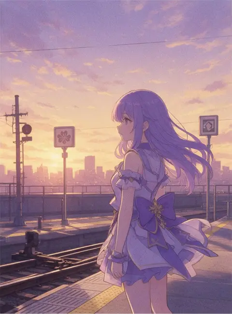 lo-fi anime illustration, cozy palette: an idol girl with lavender hair on a train platform at sunset
