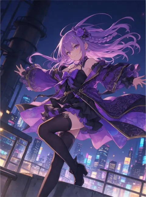 vibrant anime illustration, dynamic composition: an idol girl with lavender hair on a rooftop at night