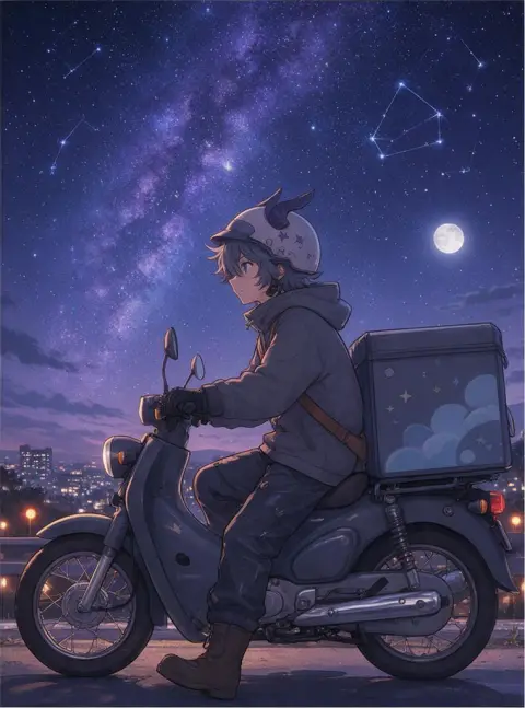 modern anime key visual, cel shading, detailed background: a delivery boy on a scooter under a starry sky