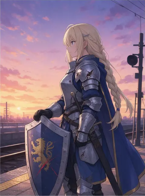 modern anime key visual, cel shading, detailed background: a knight girl with blonde braid on a train platform at sunset