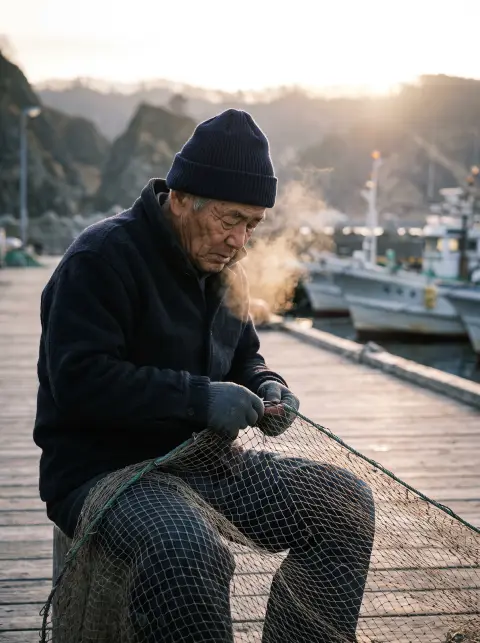 Elderly Japanese fisherman in his seventies mending a net on a wooden pier in Hokkaido at dawn, deep sun-carved wrinkles