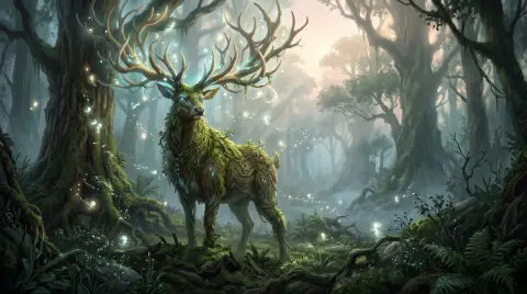 Ancient forest guardian, a giant moss-covered stag with glowing antlers made of branches, standing in a misty clearing a
