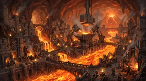 Dwarven forge city inside a volcano, rivers of lava, giant hammers and anvils, warm orange glow on stone halls, fantasy