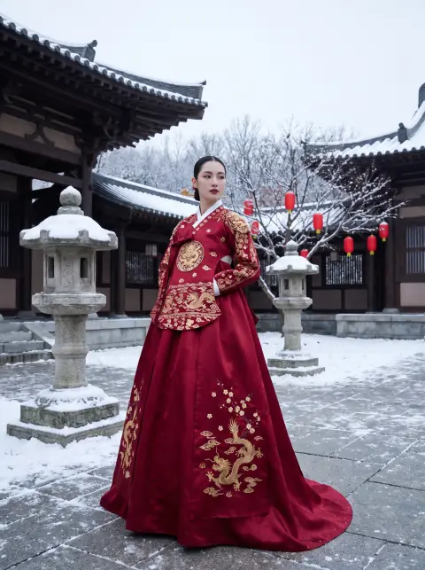 Lunar New Year fashion editorial: a model in a modern red silk hanbok-inspired dress with gold embroidery, standing in a