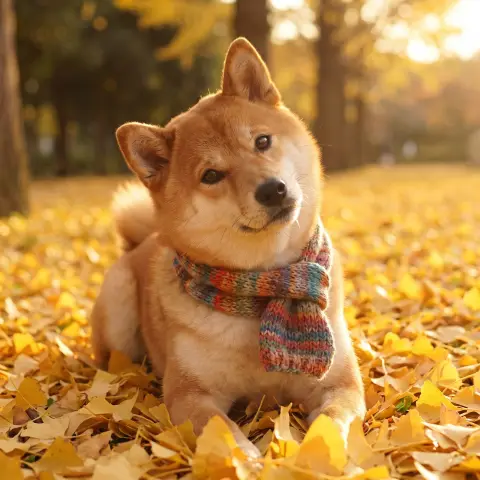 Animals: a fluffy Shiba Inu wearing a tiny knitted scarf sitting in a pile of ginkgo leaves, curious expression…