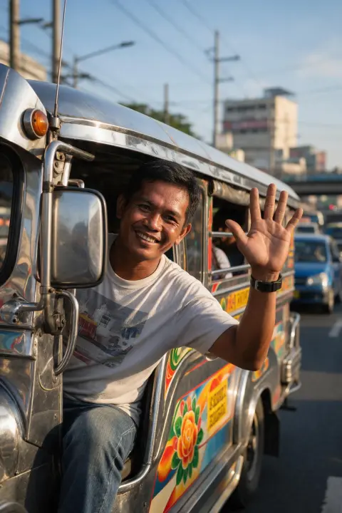 Filipino jeepney driver leaning out of his chrome-decorated jeepney in Manila traffic, warm afternoon sun, friendly wave