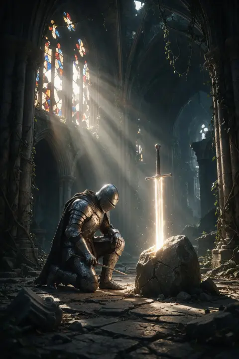Knight in battered silver armor kneeling before a glowing sword in a stone, cathedral ruins overgrown with vines, rays o