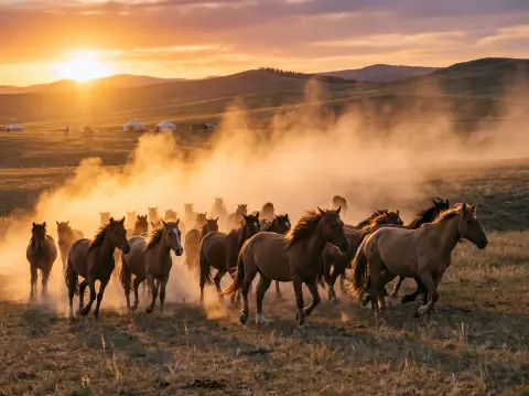Wild horses running across the grasslands of Inner Mongolia at sunset, dust rising, golden backlight, powerful motion