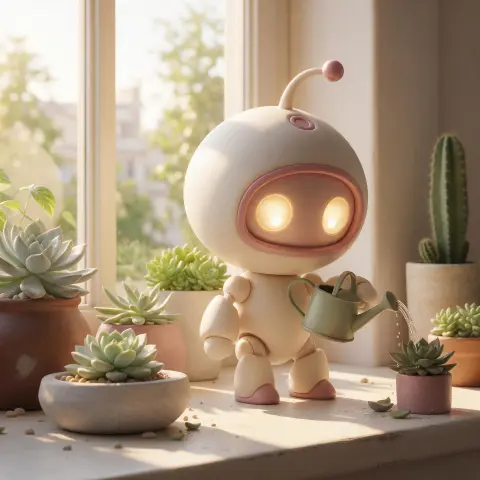 3D character render of a round little robot gardener watering potted succulents on a sunny windowsill, big glowing eyes,