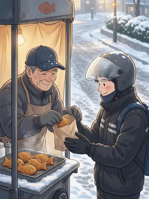 Korean webtoon slice of life of a gruff old bungeoppang vendor slipping an extra fish-shaped pastry into a delivery ride