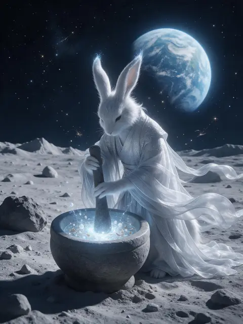 Moon rabbit spirit in flowing silver robes pounding glowing elixir in a mortar on the moon's surface, earth rising in th