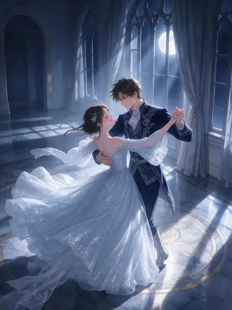Webtoon romance fantasy: a prince teaching a girl to dance in an empty ballroom at night…
