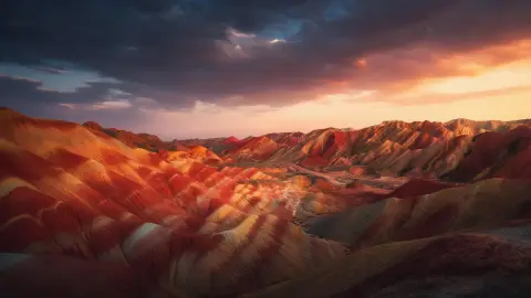 Striped Danxia landforms of Zhangye at sunset, ridges glowing red, orange and gold under a dramatic sky…