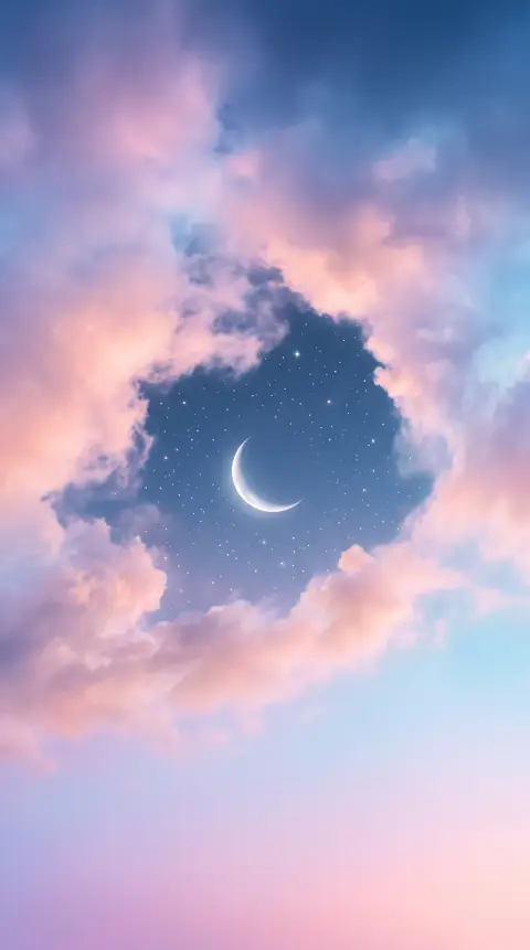 Phone wallpaper: soft pastel clouds parting around a crescent moon with tiny stars, dreamy gradient, minimal