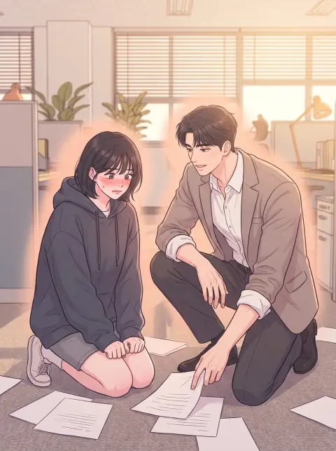 Korean webtoon style: an office romance scene where a nervous new employee drops a stack of papers and the team leader…