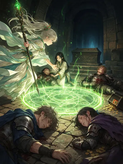 Webtoon game-world scene: a healer girl casting a glowing green circle of light over wounded party members in a dungeon,