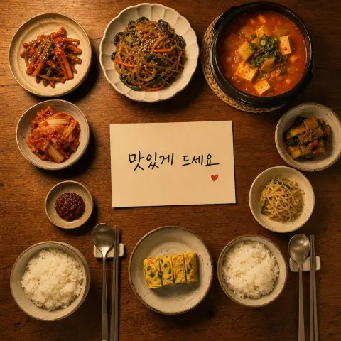 Overhead shot of a Korean home dinner table with rice, stew and banchan…