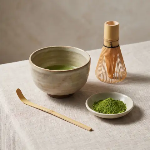 A matcha tea set, luxury product photography, minimal composition