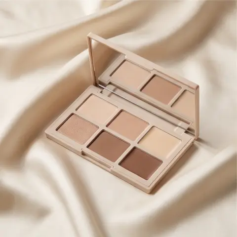 A cosmetic palette on silk, luxury product photography, minimal composition