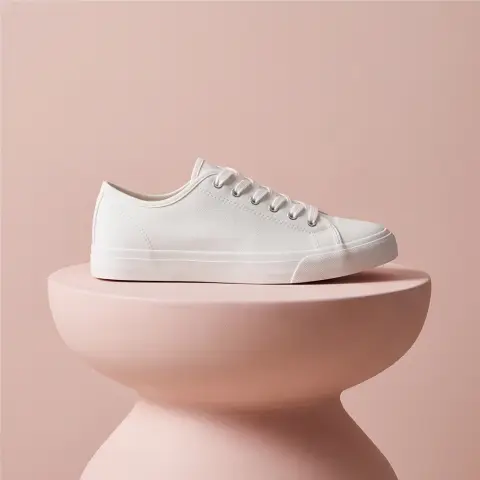 A canvas sneaker on a pastel pedestal, luxury product photography, minimal composition