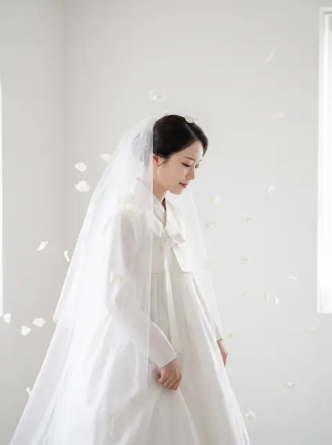 Bridal portrait in a modern white hanbok with a long silk veil in a minimalist white studio, petals suspended mid-air, s