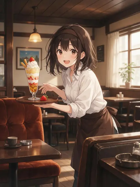 Anime girl in a cafe uniform carrying a tray with a strawberry parfait, cozy retro kissaten interior, warm light, cheerf