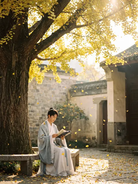 Guofeng style: a young scholar reading under a ginkgo tree in a courtyard, golden leaves falling on the pages, soft autu