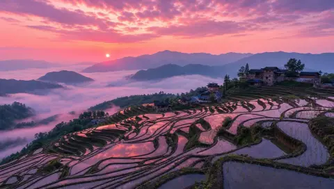 Terraced rice fields in Yunnan at dawn reflecting a pink sky, tiny farmhouses on the ridge…