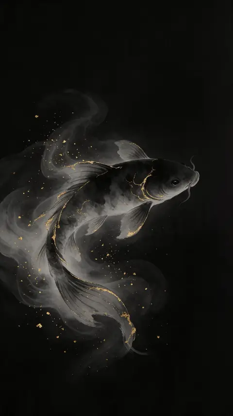 Phone wallpaper of a koi fish made of ink swirling in black space with gold leaf accents, elegant and minimal