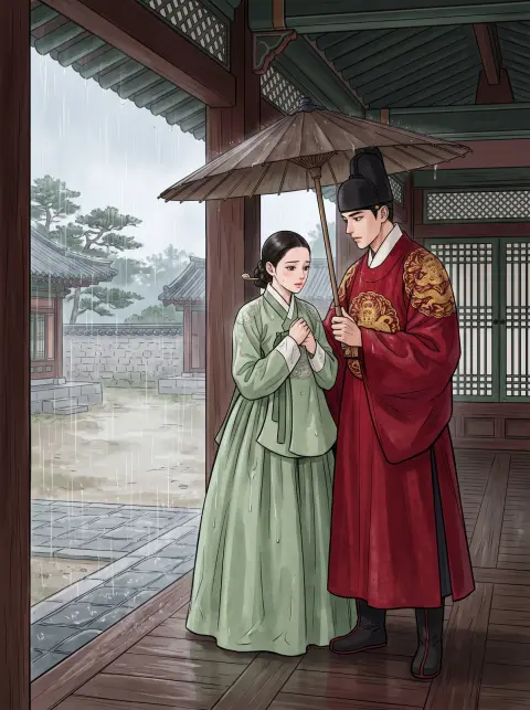 Korean webtoon historical romance: a crown prince in red robes holding an umbrella over a court lady in the rain…
