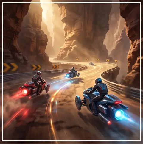 A hoverbike race through a canyon, cinematic sci-fi concept art, volumetric light