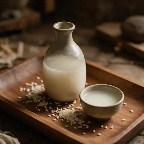 Korean rice wine makgeolli in a ceramic bottle with a small bowl poured, rice grains and a wooden tray, rustic warm styl