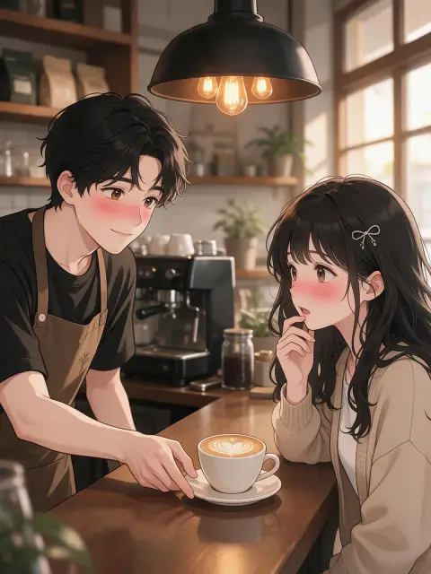 Webtoon romance: a cafe barista boy drawing latte art of a heart and sliding the cup to a shy customer, warm cafe light,