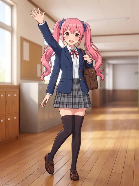 3D stylized anime girl character with pink twin tails in a school uniform waving, toon shading, clean background, game c