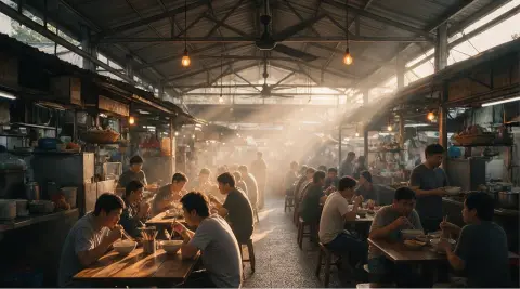 A Singapore hawker center, cinematic street photography