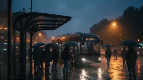 A rainy bus stop with umbrellas, cinematic street photography