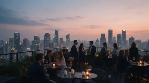 A rooftop bar overlooking a skyline, cinematic street photography