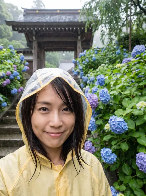 Japanese woman in her thirties in a yellow raincoat at a Kamakura hydrangea temple during a June drizzle, blue and purpl