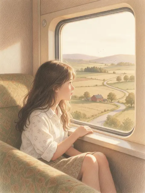 Colored pencil illustration of a girl sitting in a train window seat looking at the countryside, soft textured strokes,