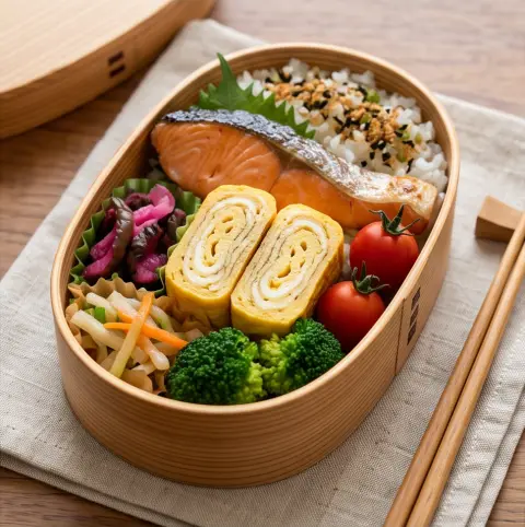 A bento box with tamagoyaki, professional food photography, appetizing