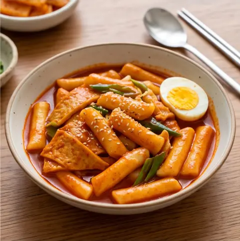 Tteokbokki with fish cakes, professional food photography, appetizing