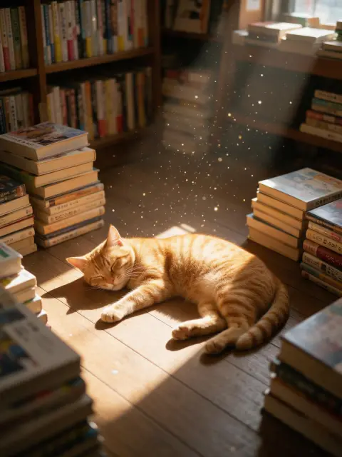 Orange tabby cat napping in a sunbeam on the wooden floor of a small Japanese bookshop, books stacked around it, dust mo