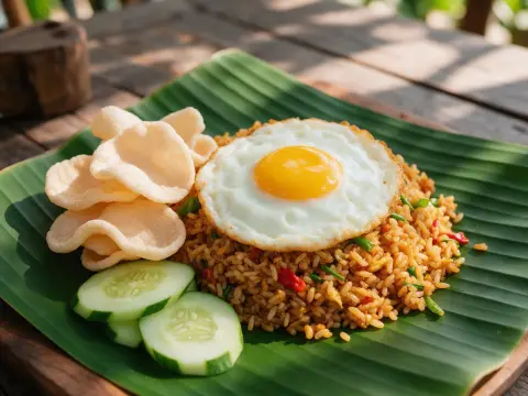 Indonesian nasi goreng with a fried egg, prawn crackers and sliced cucumber on a banana leaf, rustic wooden table, tropi