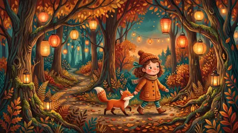 Storybook illustration of a fox and a little girl walking through a lantern-lit autumn forest, gouache texture, warm ora
