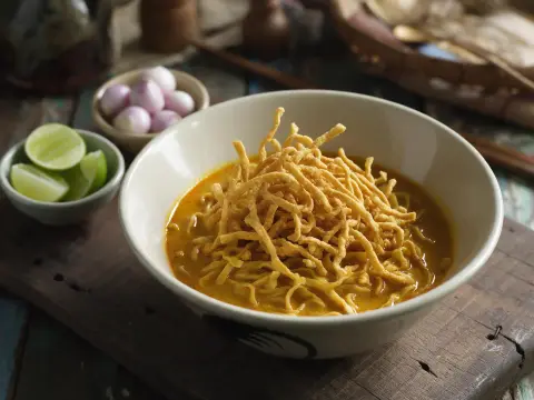Thai khao soi curry noodles with crispy noodles on top, lime and shallots, rich golden broth, rustic table