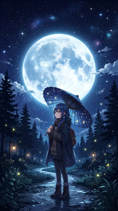 Anime-style phone wallpaper of a girl under an umbrella with a giant moon behind her, deep blue night