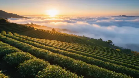 Landscape: the terraced tea plantations of Alishan in Taiwan at sunrise above a sea of clouds, rows of green, golden lig