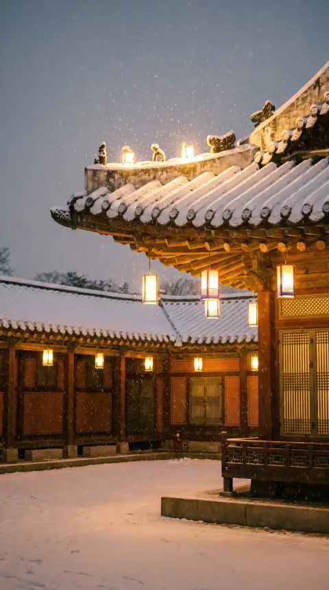 Vertical wallpaper of a snowy Korean palace roof with snow falling at night, lanterns glowing, quiet and beautiful