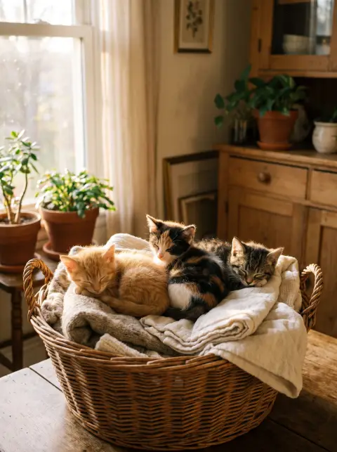 Three kittens sleeping in a basket of folded laundry, soft morning window light, warm homely scene